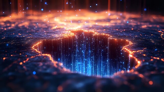 Glowing digital crater with streaming light rays and particles, orange and blue luminous network connections forming technological landscape with depth effect.