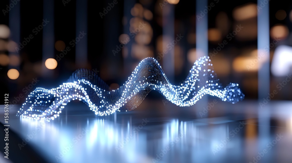 Poster glowing blue light wave pattern with sparkling particles flowing in dark space, creating dynamic mot
