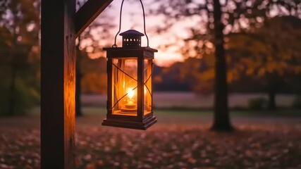 Vintage lantern hanging from a wooden post, glowing warmly at sunset in a serene autumn landscape - Powered by Adobe