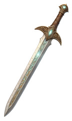 Detailed depiction of an ornate sword featuring intricate designs and gemstones, showcasing craftsmanship and elegance, ideal for fantasy enthusiasts or collectors of unique weapons