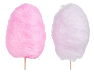 Two colorful cotton candy tufts on wooden sticks, isolated on a transparent background, creating a sweet and airy image