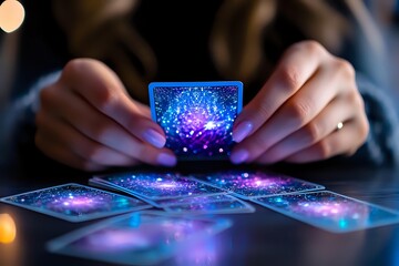 Mystical tarot cards with glowing cosmic galaxy design spread on dark table, featuring ethereal purple and blue nebula patterns. Fortune telling concept.