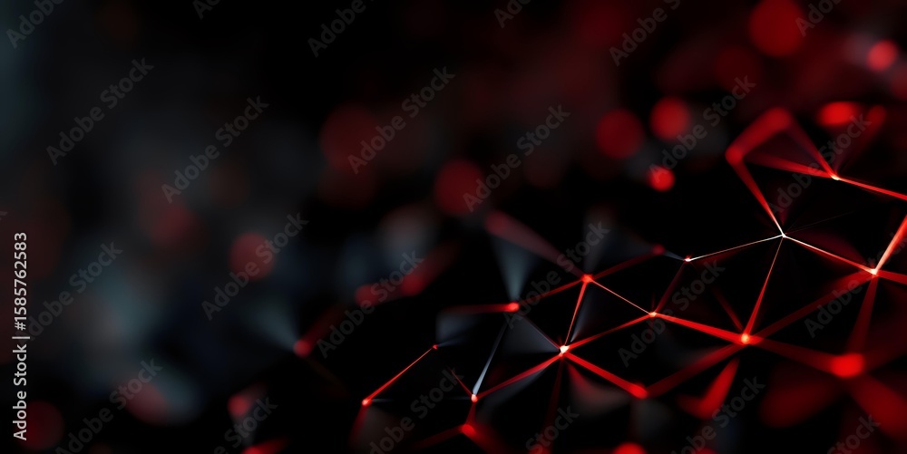 Poster abstract red and black network mesh with glowing connecting lines and nodes on dark background, mode