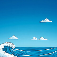 Wave ocean sea blue sky clouds water tropical island hand drawn illustration summer nature