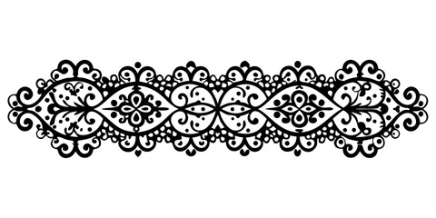 A delicate black lace border pattern shaped as a vector divider elegantly rests against a crisp white background providing a sophisticated design element.