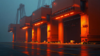 Industrial port illuminated by orange lights, wet ground, foggy atmosphere, night, modern