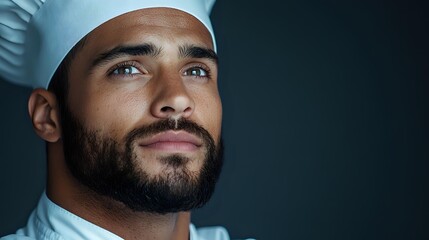 Hispanic male chef in white hat looking up thoughtfully against dark background, professional headshot portrait showcasing confidence and expertise in culinary arts.