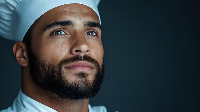 Hispanic male chef in white hat looking up thoughtfully against dark background, professional headshot portrait showcasing confidence and expertise in culinary arts.
