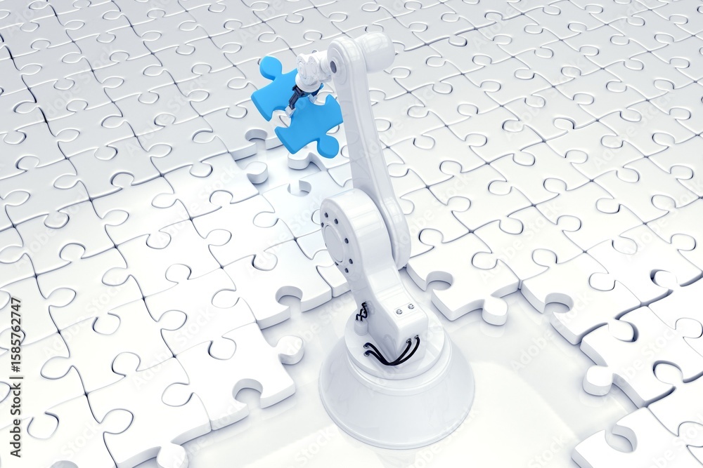 Poster digitally generated image of robot arranging puzzle