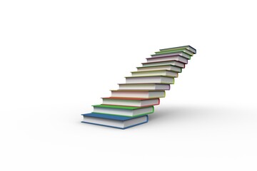 Showing staircase stacking colorful hardcover books ascending diagonal white backdrop, copy space