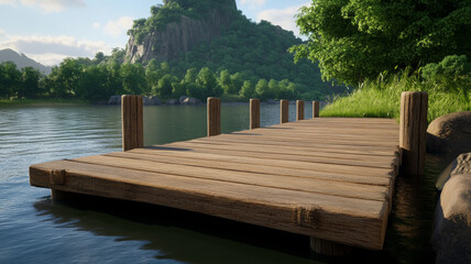 Wooden pier, rural port, lush green trees, calm water, mountain, summer, peaceful