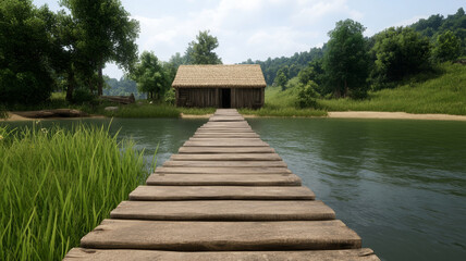 Wooden pier leads to rustic boathouse calm river, surrounded by lush green trees, peaceful scene