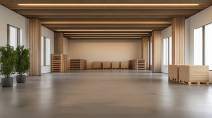 Spacious warehouse with wooden pallets, large windows, modern design, and natural light ambiance