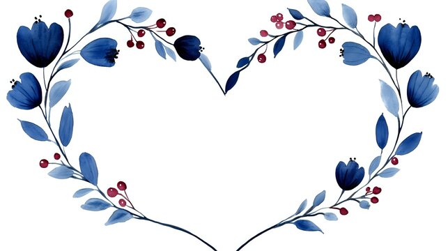 Heart-shaped floral wreath with navy blue tulips, light blue leaves and red berries on white background, watercolor style botanical frame for wedding invitations. - Powered by Adobe