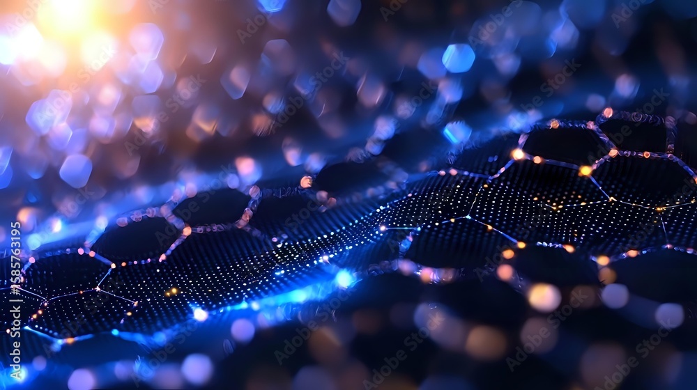 Poster digital network visualization with glowing hexagonal grid structure on dark background, illuminated 