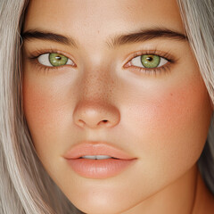 Close up woman face long wavy gray hair green eyes natural beauty freckles