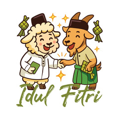 Eid al Fitr Celebration Goat and Sheep Shaking Hands Happily to Celebrate Forgiveness and Joyful Reunion