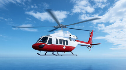 Rescue helicopter with advanced medical equipment flying over ocean under blue sky