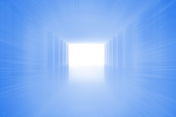 Bright white portal is emerging in blue 3D corridor with reflective floor and radial blur