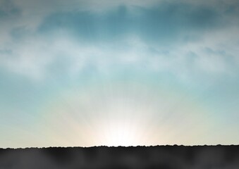 Obraz premium Vast sky is stretching above low dark horizon in flat design, showing sunrise rays