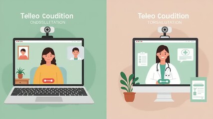 Online medical consultation scene showing a patient and doctor engaging via video call, with icons