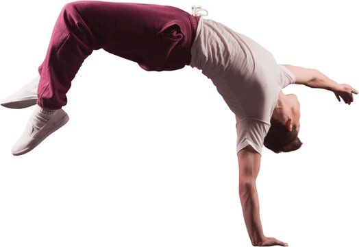 Teenage male athlete is performing back handspring in flat design, against seamless white backdrop
