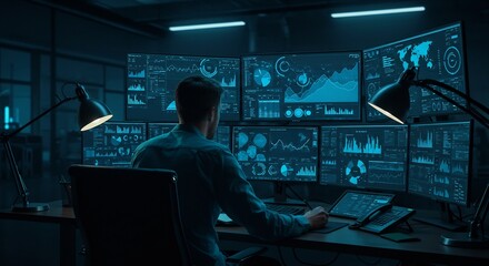 Cybersecurity Analyst Working Late at Night, Monitoring Multiple Screens with Data Analytics and Graphs