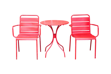 Old red iron, steel public chair lock table or bench geometric for sit waiting everything. Public or tourist services in ordinary empty waiting room. Isolated on cut out PNG or transparent background