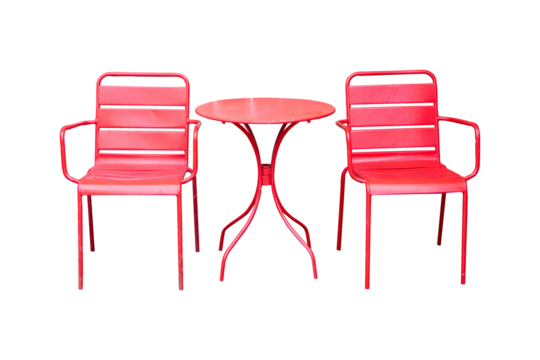 Old red iron, steel public chair lock table or bench geometric for sit waiting everything. Public or tourist services in ordinary empty waiting room. Isolated on cut out PNG or transparent background