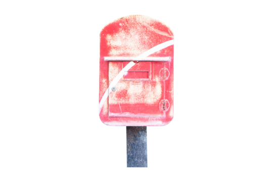 Thailand old iron, steel red box mailbox isolated on cut out PNG or transparent background. For receiving letters or documents sent or Send news to you. Postal box.