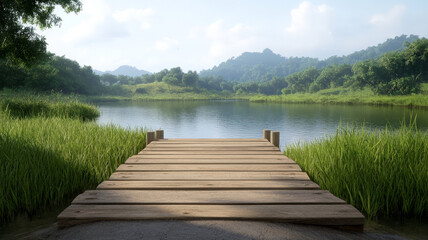 Obraz premium Wooden pier, rural port, lush grass, calm lake, serene landscape, summer day