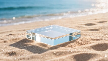 Fototapeta premium Clear Glass Product Pedestal on Natural Beach Setting