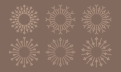Linear gold boho sun, firework. Trendy bohemian sparkle round explosion, emblem, logo, circle