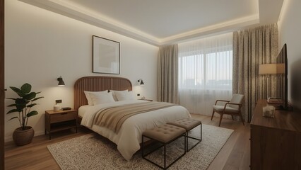 Serene Minimalist Modern Bedroom Interior:  Neutral Tones, Wooden Accents, and Natural Light.