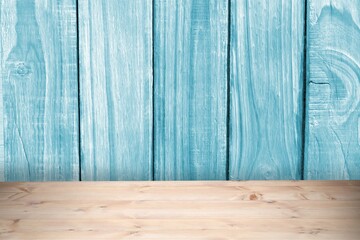 Obraz premium Flat design vector featuring light natural wood tabletop surface against turquoise plank wall