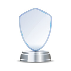 Realistic silver-trimmed crystal trophy isolated on transparent background. Ideal for business awards, sports victories, or premium achievement promotions.