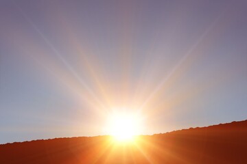 Obraz premium Glowing sun disk is rising over jagged ridge in flat vector design, casting vibrant color gradient