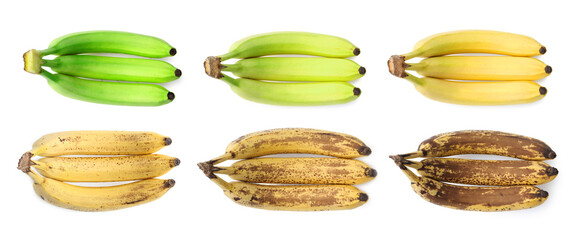 Banana fruits of different ripening stages on white background, collage. Top view © New Africa