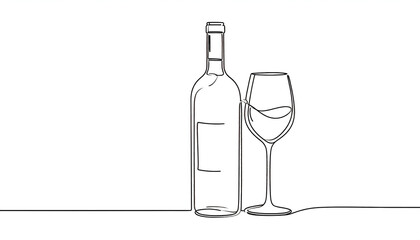 Line Art Illustration of Wine Bottle and Glass