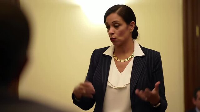Confident businesswoman in a pinstripe suit giving an assertive speech in a corporate meeting