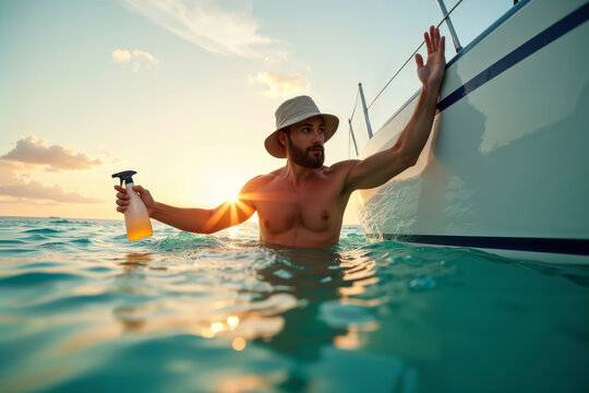 Man applying sunscreen. A handsome man in a hat applies sunscreen while swimming in the ocean next to a boat at sunset. - Powered by Adobe