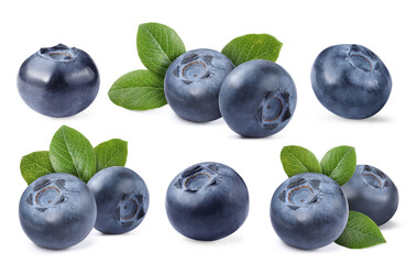 Fresh blueberries and green leaves isolated on white, collage
