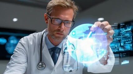 Doctor's Gaze: A focused doctor examines a holographic world map, highlighting medical and technological advancement in futuristic setting. - Powered by Adobe