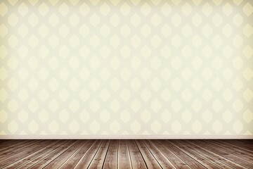 Flat design illustration is showing empty room with dark brown floor and cream geometric wallpaper
