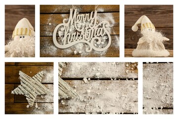 Naklejka premium Showing Christmas panels on snowy wood featuring Santa dolls, stars, Merry Christmas sign