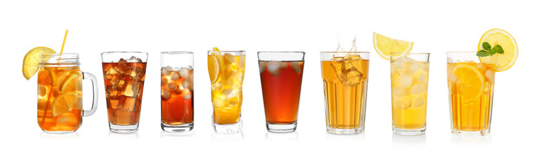 Iced tea. Different types of drinks in glasses isolated on white, set