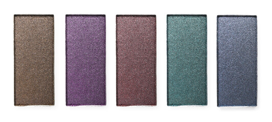 Eyeshadow refill pans for palette isolated on white, top view. Decorative cosmetic