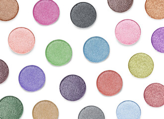 Eyeshadow refill pans for palette isolated on white, top view. Decorative cosmetic