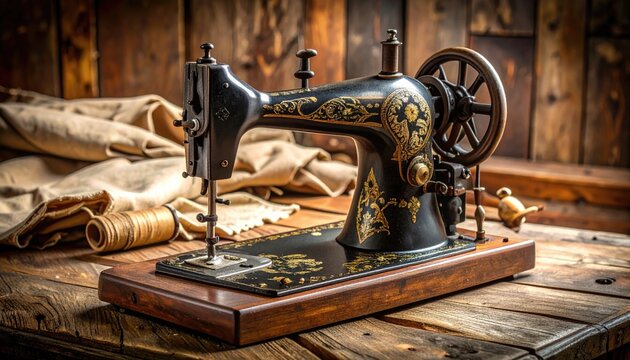 Antique sewing machine on rustic wooden table (1)