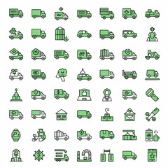 Set of icons related to truck, van, vehicle, cargo, moving, shipment, logistic, delivery, distribution, lorry
